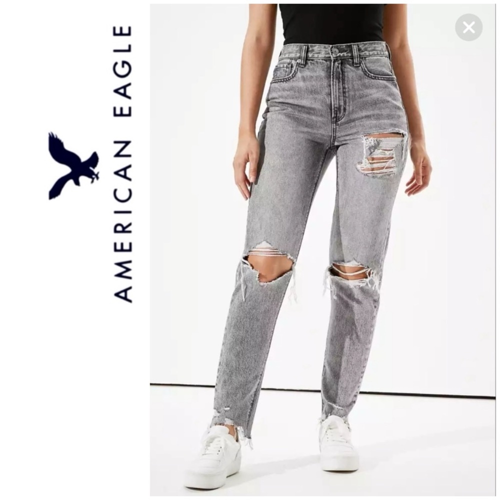 AE Distressed Mom Jeans Grey 000